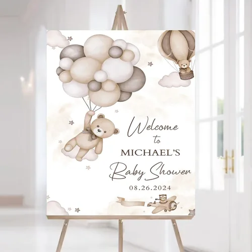 Vista 8 de Letrero de bienvenida personalizado para baby shower con soporte, decoración temática de baby shower con globo, decoración de oso para baby shower