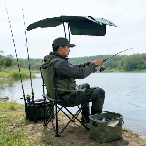 Vista 4 de Folding Camping Chair with Canopy, Portable Outdoor Chair with Sun Shade, 50×50×130Cm, for Camping, Hiking, Fishing, Beach