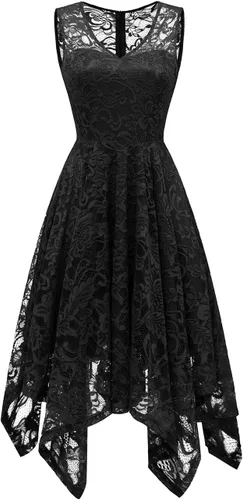 Vista 5 de Meetjen Vestidos de cóctel para mujer 2025 con dobladillo tipo pañuelo, encaje, formal, para invitada de boda, dama de honor, elegante, para Negro