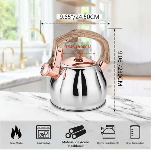 Vista 5 de Hervidor de té de acero inoxidable para estufa con mango ergonómico a prueba de calor y silbato de 2.5 cuartos