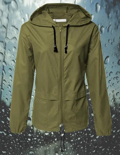 Vista 2 de Avoogue - Chaquetas de lluvia para mujer, diseño ligero, con capucha, para exteriores, impermeables, cortavientos Verde militar