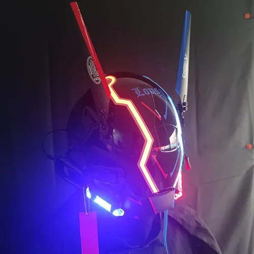 Vista 3 de KYEDAY Máscara punk para hombres, máscara de contraste de color rojo y azul, ropa técnica punk futurista, accesorios de fiesta de música, festivales