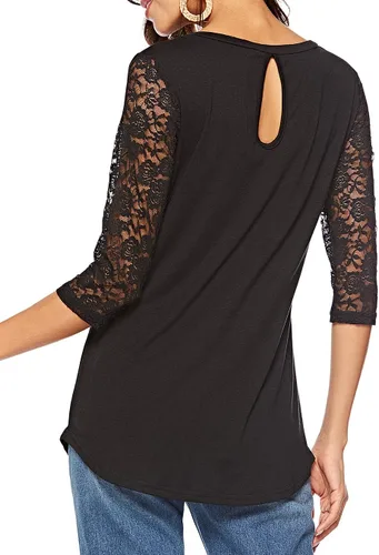 Vista 2 de Camiseta de manga de encaje 34 con cuello redondo para mujer, blusas casuales tipo túnica