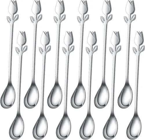 Vista 10 de Juego de 12 mini cucharas de café con mango de tulipán negro/rosa, acero inoxidable de 6 pulgadas para expreso, té, postre, ideal para demitasse