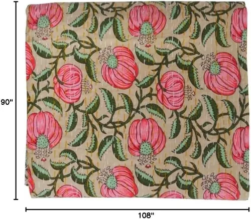 Vista 2 de Colcha con estampado de bloques indios Kantha, tamaño Queen, colcha de algodón puro (individual 90 x 60 pulgadas, beige)