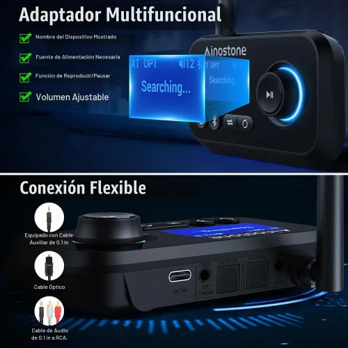 Vista 6 de Receptor transmisor Bluetooth 3 en 1 Bluetooth 5.3 adaptador de audio para 2 auriculares con control de volumen de derivación interruptor