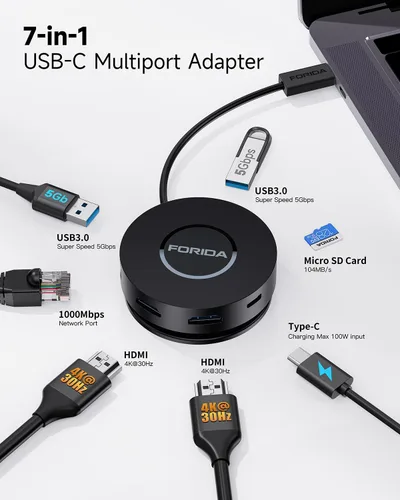 Vista 2 de Estación de acoplamiento mini USB C Dual HDMI, FORIDA USB C a USB Dock Hub con Gigabit Ethernet 100W Power Delivery Lector de tarjetas Micro SD