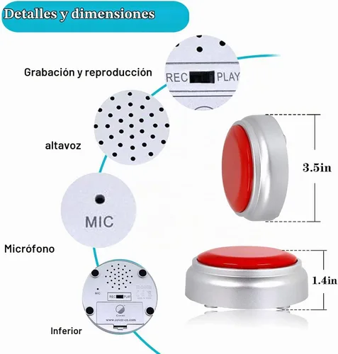 Vista 5 de Botón grabable, botón de grabación parlante, botón fácil de grabar por voz 30S, botón de efecto de sonido con reproducción (rojo y plateado)