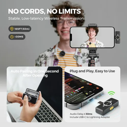 Vista 7 de NearStream Micrófono Lavalier inalámbrico para iPhone/Android, micrófono de solapa inalámbrico con Lightning/USB-C Plug-Play, cancelación de ruido