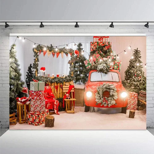 Vista 2 de MEHOFOND Árbol de Navidad de invierno de 8 x 6 pies, regalo de automóvil rojo, guirnalda de pino verde claro, guirnalda de pino verde claro