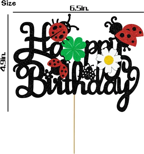 Vista 2 de Decoración para tartas de mariquitas, decoración de feliz cumpleaños para niños y niñas, mariquita con purpurina, trébol de margaritas, suministros