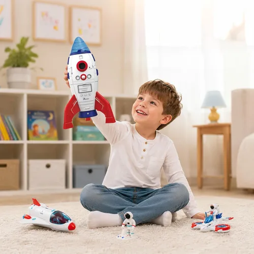 Vista 7 de AuntyFey Space Rocket and Shuttle Toy Set para niños con 2 figuras
