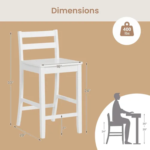 Vista 3 de COSTWAY Juego de 2 taburetes de bar de madera, taburetes de altura de mostrador de 24 pulgadas con respaldo ergonómico y reposapiés, sillas de Blanco