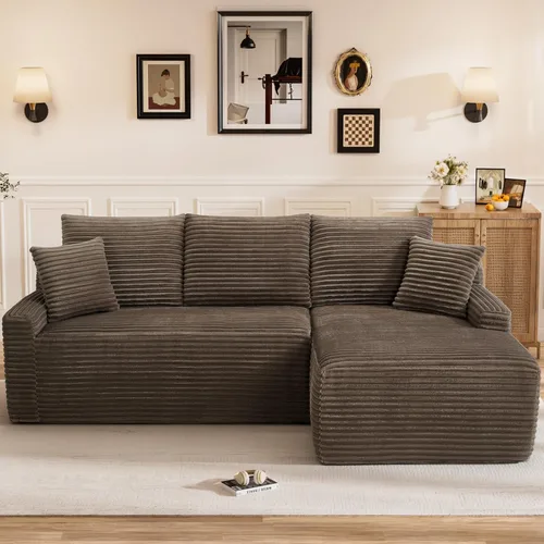 Vista 18 de Sofás seccionales sin hueso en forma de L de 108 pulgadas para sala de estar, moderno y cómodo sofá modular de pana comprimida de espuma