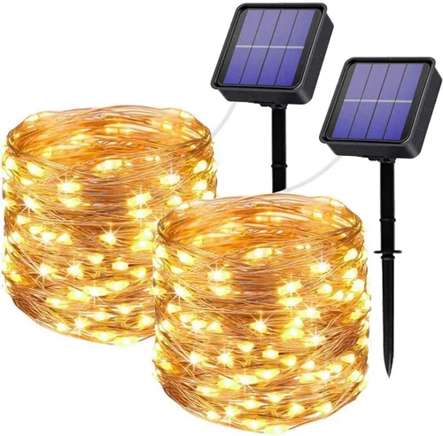 Vista 9 de Paquete de 2 luces de hadas que funcionan con energía solar, 39 pies, 100 luces LED de alambre plateado, impermeables, mini luciérnagas
