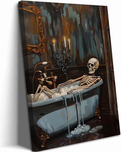 Vista 11 de Obras de arte en lienzo de fantasmas de Halloween para baño, decoración de pared con fantasmas de terror y lindo gato negro en la bañera, pinturas