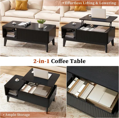 Vista 6 de LYNCOHOME Mesa de centro acanalada con compartimento oculto, mesas de centro elevables de madera, mesa central moderna para sala de estar, oficina