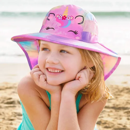 Vista 2 de Sombrero de sol para niños, protección UV, unicornio, verano, playa, sombreros de ala ancha para el cuello para niñas y niños de 2 a 9 años