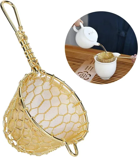 Vista 3 de Infusor de té de cobre colador de malla densa reutilizable filtro de tetera de hojas sueltas con mango largo para tetera