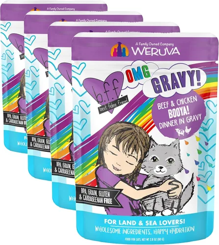 Vista 15 de Weruva B.F.F. OMG - Best Feline Friend Oh My Gravy!, Booya! - Alimento para gatos con carne de res y pollo en salsa, bolsa de 2.8 onzas