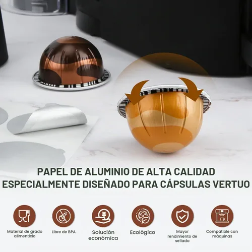 Vista 4 de Pro Mael 100 sellos de papel de aluminio para cápsulas reutilizables VertuoLine, tapas de sellado para cápsulas Nespresso VertuoLine recargables
