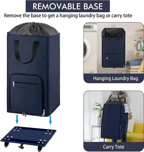 Vista 4 de Bukere Cesta de lavandería grande con ruedas, 4 ruedas y 2 asas, bolsa de lavandería con ruedas plegable independiente para ropa, apartamento Azul