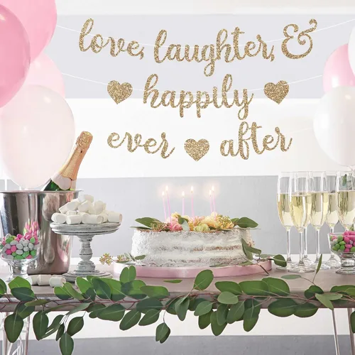 Vista 2 de Cartel preencordado con texto en inglés "Love Laughter & Happily Ever After", "No hazlo tú mismo" – Cartel dorado con purpurina para despedida