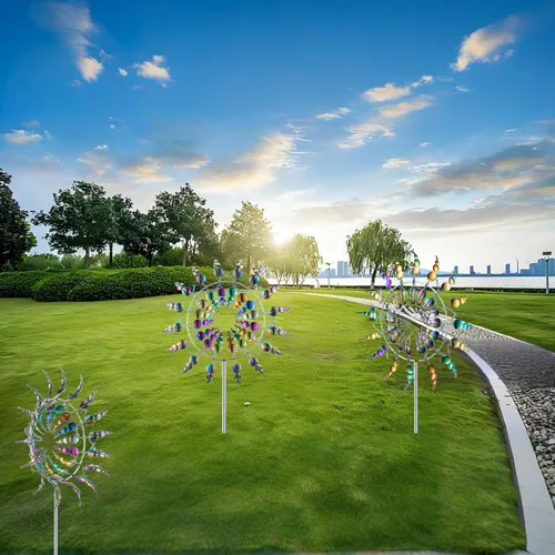 Vista 5 de Molino de viento metálico único y mágico, 2 hilanderos de viento, escultura cinética alimentada por viento 3D, molinos de viento de acero