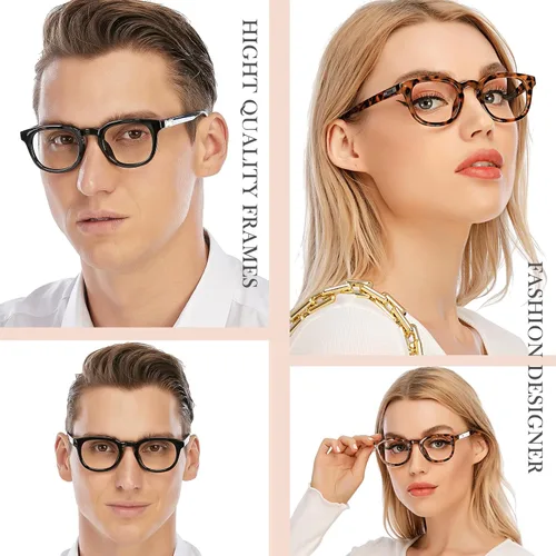 Vista 2 de AQWANO Retro Round Designer Reading Glasses Women Men, Classic Computer Blue Light Block Readers Glasses with Spring Hinge