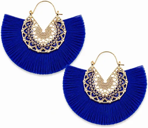Vista 25 de Aretes de aro con borla, aretes colgantes de hilo de declaración, elegantes aretes largos con flecos, ligeros, largos y con gancho francés, para un