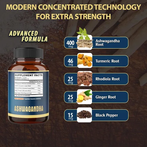Vista 2 de Cápsula de extracto de Ashwagandha – Gran fuerza – Mezcla de jengibre 5 en 1, cúrcuma, Rhodiola Rosea y pimienta negra – 90 cápsulas durante 3 meses