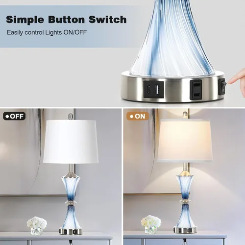 Vista 5 de Rinweey - Lámpara de mesa de vidrio azul con puertos USB C+A y salidas de AC, lámpara de noche costera para mesitas de noche, dormitorio, sala