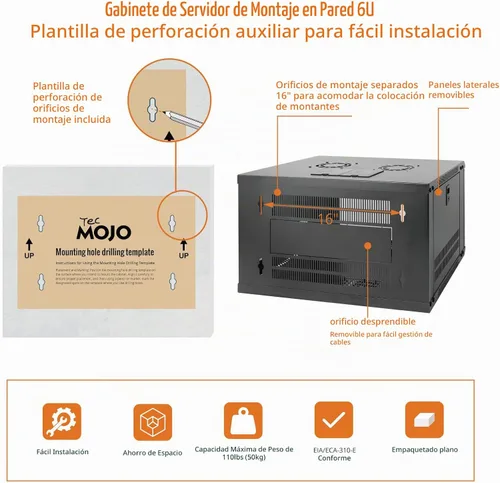 Vista 5 de Tecmojo 6U Gabinete de Servidor de Montaje en Pared IT Red Rack de Cierre con Puerta y Paneles Laterales Bloqueables en Negro, Ventilador