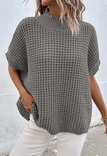 Vista 5 de Viottiset Suéter de manga corta de murciélago para mujer, cuello alto falso, suéter de punto sin mangas para otoño