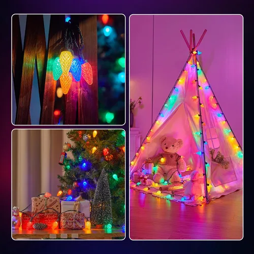 Vista 4 de Luces LED C9 de Navidad para exteriores, 34 pies, 50 LED, impermeables, decoraciones navideñas de fresas, luces de cadena, enchufables, luces