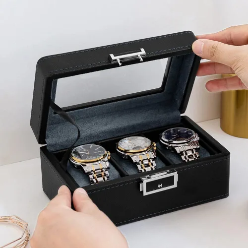 Vista 2 de Anyasun Caja de reloj con 3 ranuras, organizador de vitrina, caja de almacenamiento de reloj con tapa de vidrio para hombres y mujeres