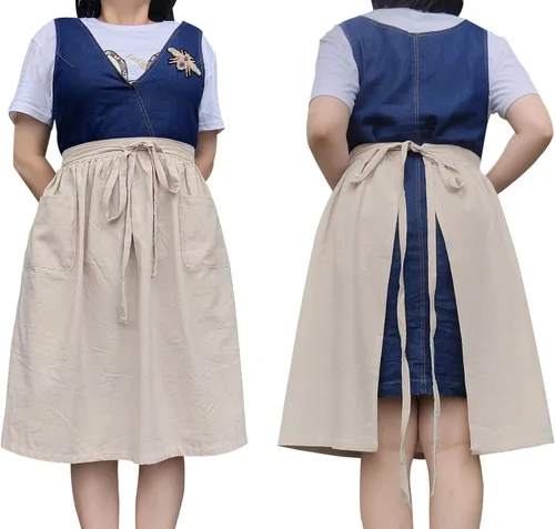 Vista 10 de Delantales de chef unisex blanco retro algodón criada corto 2 bolsillos cintura camarera mitad delantal Bordado azul