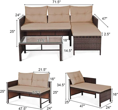 Vista 6 de Juego de sofá seccional de ratán de 3 piezas, juego de conversación de mimbre para patio con diván, asiento de amor y mesa auxiliar, juego de Marrón