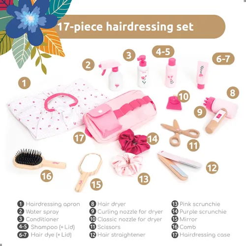 Vista 6 de UMU® Juego de peluquería de madera – 17 piezas de juguete de peluquería con secador de pelo, alisador, peine de espejo y accesorios – Diseño