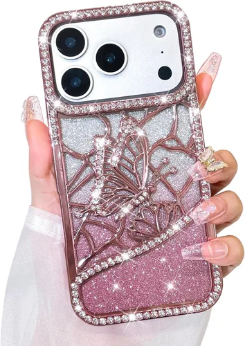 Vista 24 de Bonoma Funda con purpurina para iPhone 13 Pro Max, bonita funda 3D con patrón de chapado en degradado de mariposa de diamante, protección de cámara