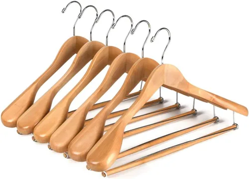 Vista 10 de Perchas de madera de lujo con hombros anchos, paquete de 2 unidades, con barra de bloqueo, acabado natural liso de madera para armario, soporta