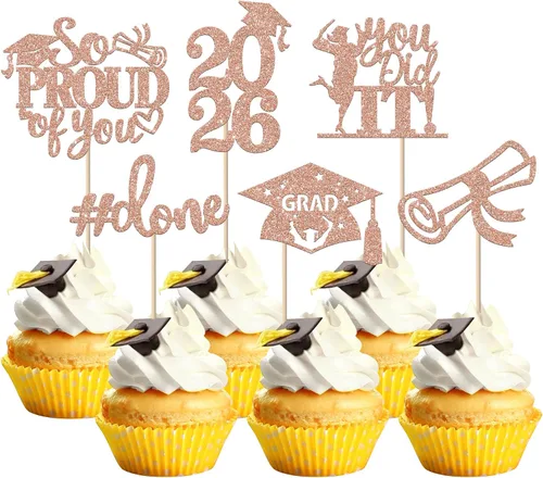 Vista 56 de Paquete de 24 adornos para cupcakes de clase de 2026 con purpurina 2026 para diploma de graduación 2026, selecciones para cupcakes para graduación