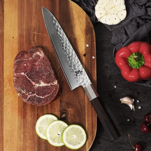 Vista 5 de SAMCOOK - Cuchillo de chef japonés – Cuchillo de cocina profesional de 8 pulgadas con acabado martillado de Damasco, cuchillo de cocina de acero