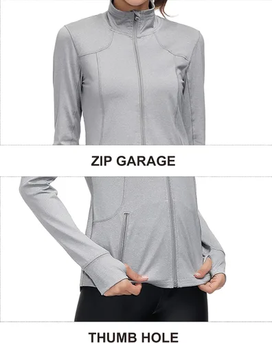 Vista 5 de COZZYON Chaqueta deportiva con cremallera completa para mujer, ligera, para yoga, entrenamiento, pista, con cremallera y agujeros para el pulgar