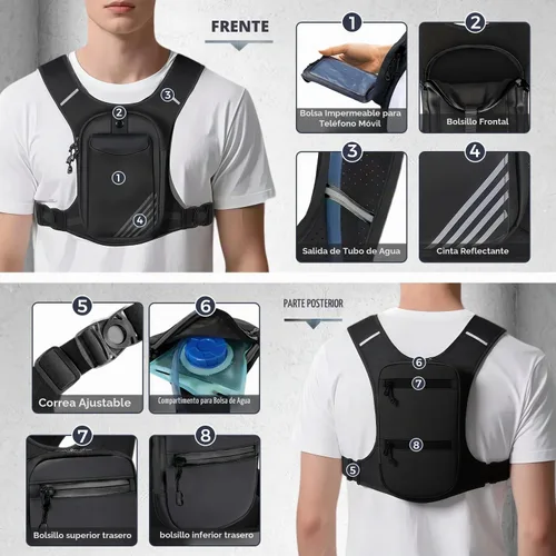 Vista 6 de Running Hydration Vest Backpack Chest Bag with 800 ML Water Bladder, Minimalist Lightweight Running Vest for Women Men with Phone Holder, Extra