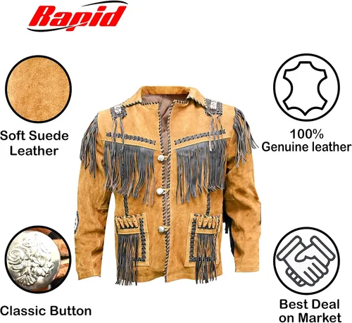 Vista 5 de Chaqueta de cuero vaquero occidental para hombre con flecos de ante nativo americano con cuentas de cuero tradicional - marrón tostado