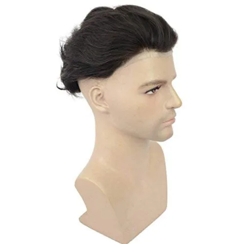 Vista 2 de Toupee para hombres, cabello humano para hombre, piezas de cabello de 0.002 in, piel suave y fina, un solo nudo, natural, ondulado, sistema