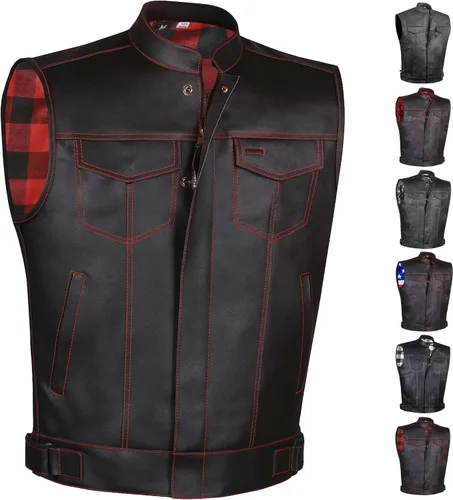 Vista 12 de SOA - Chaleco de motocicleta para hombre, piel de búfalo de alta calidad, armadura trasera, bolsillos interiores, chalecos de club de motociclista