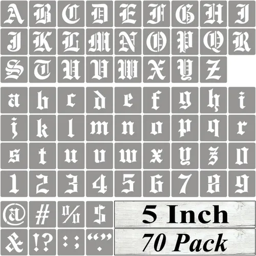 Vista 10 de Plantillas de letras del alfabeto de 1 pulgada para pintar, paquete de 70 plantillas de letras en inglés antiguo con números y letreros para pintar