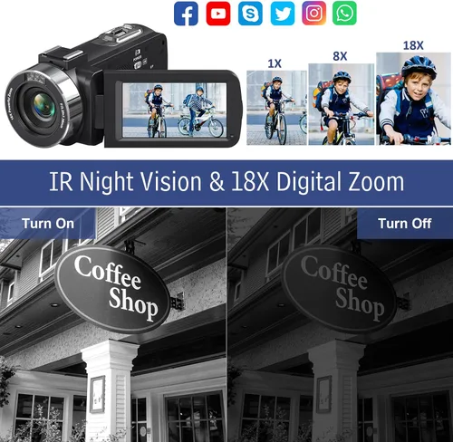 Vista 3 de Ultra 4K 80MP Camcorder Video Camera Vlogging Camera for YouTube IR Night Vision Camera 18X Digital Zoom 3.0 IPS Screen Video Recorder with 32GB SD